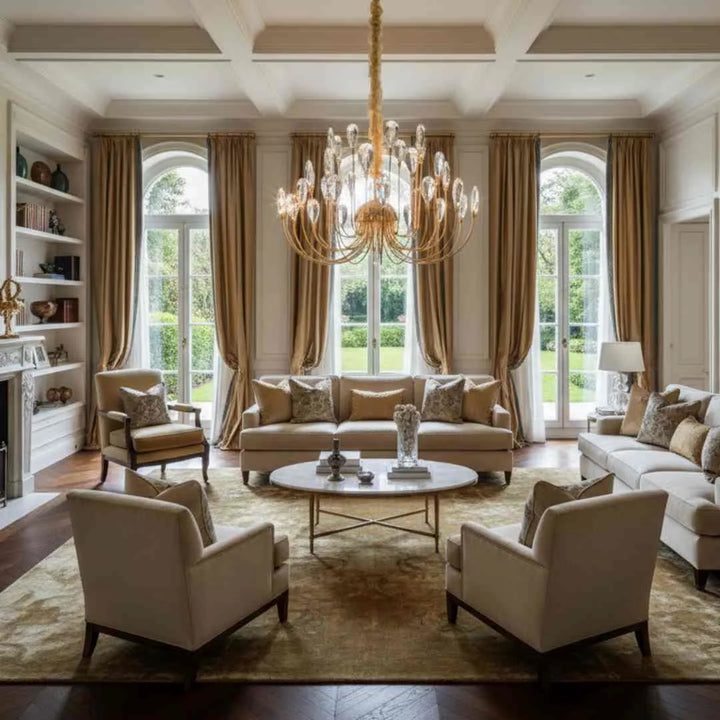 Donya Crystal Petal Gold Chandelier hanging in luxury living room showcasing elegant gold frame and sparkling crystal petals