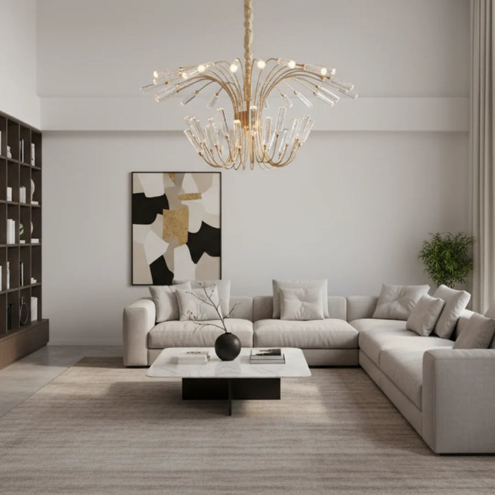 Donya Crystal Rod Cascade Chandelier Hanging in Living Room Modern Elegant Lighting