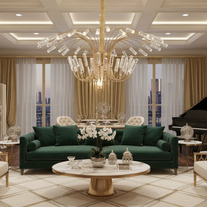 Front View of Donya Crystal Rod Cascade Chandelier Modern Luxury Interior Lighting