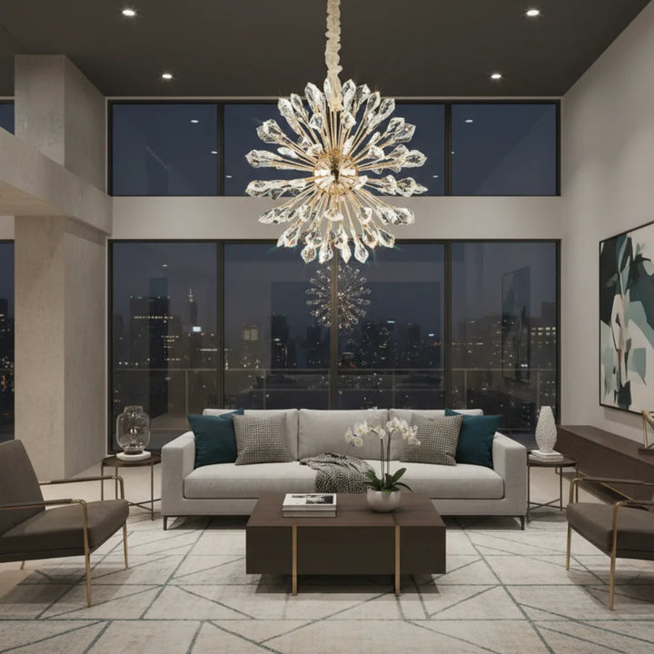 Donya Crystal Starburst Chandelier Hanging in Living Room Modern Elegant Lighting