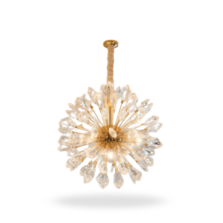 Front view of Donya Crystal Starburst chandelier showcasing radiant starburst design with crystals