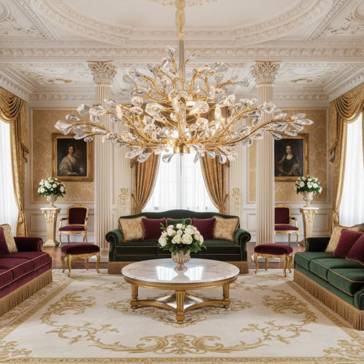 Donya Crystal Vine Gold Chandelier in living room showcasing cascading crystals and luxurious gold design