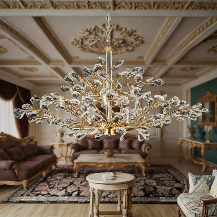 Front view of Donya Crystal Vine Gold Chandelier highlighting cascading crystals and elegant gold frame