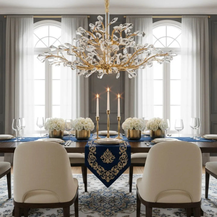 Donya Crystal Vine Gold Chandelier in dining room highlighting cascading crystals and luxurious gold finish