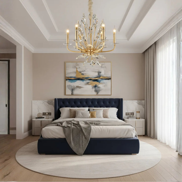 Donya Gold Crystal Chandelier hanging in a luxurious bedroom, adding elegance and sparkling ambiance