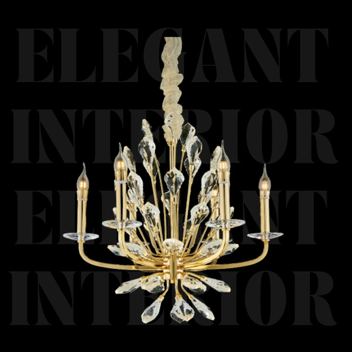 Front view of Donya Gold Crystal Chandelier showcasing elegant gold finish and sparkling crystals