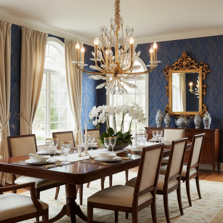 Donya Gold Crystal Chandelier illuminating a luxurious living room with elegant gold and crystal design