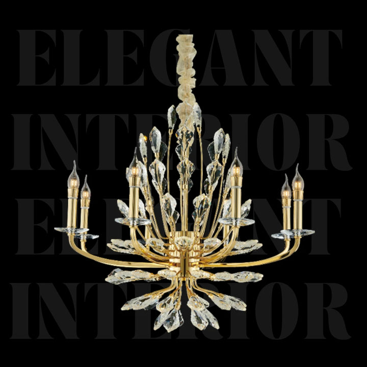 Front view of Donya Gold Crystal Chandelier highlighting luxurious gold finish and sparkling crystals