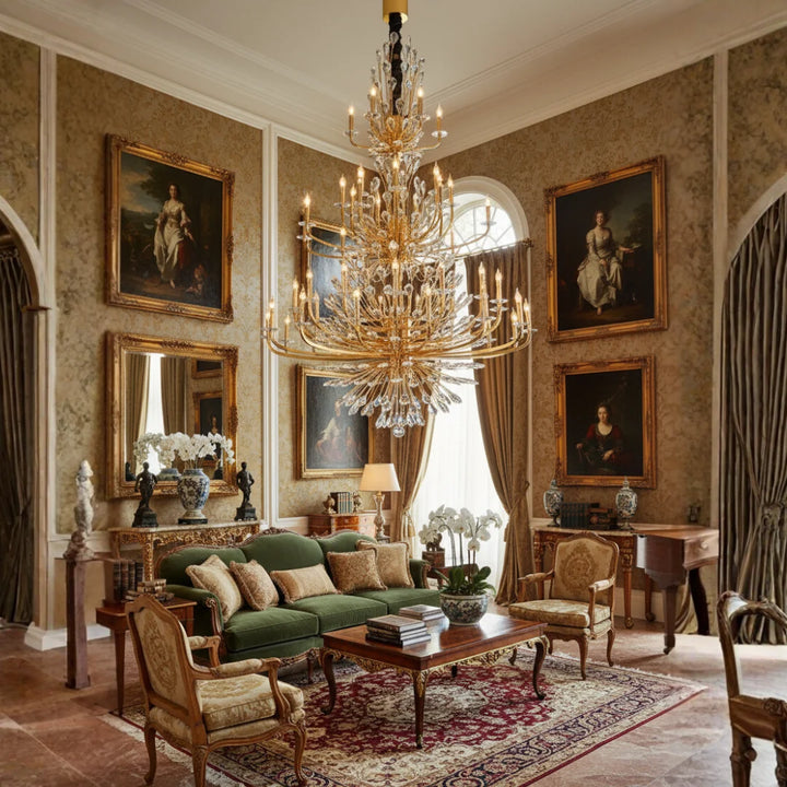 Front view of Donya Gold Crystal Chandelier illuminating a luxurious living room with elegant design