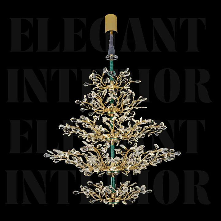Front view of Donya Grand Crystal Tree Chandelier showcasing elegant gold branches and sparkling crystal details