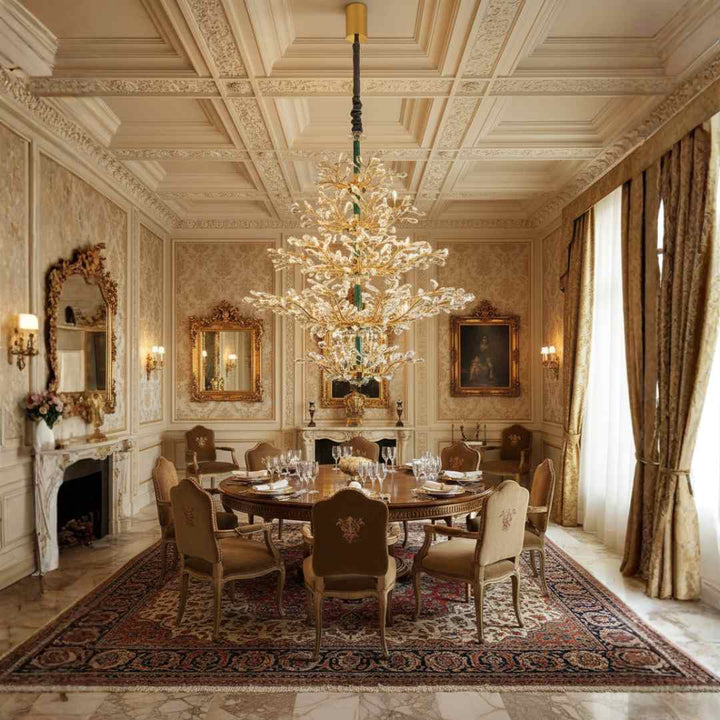 Donya Grand Crystal Tree Chandelier in dining room showcasing luxurious gold branches and sparkling crystal design