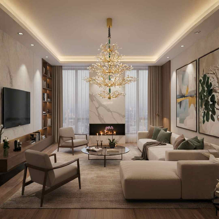 Donya Grand Crystal Tree Chandelier hanging in living room showcasing elegant gold branches and sparkling crystals