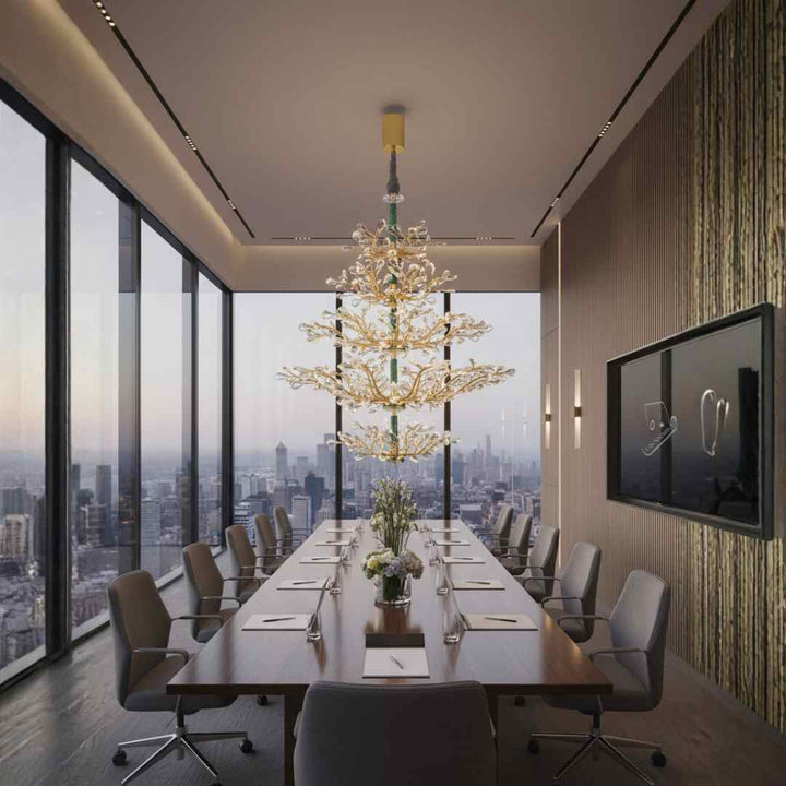 Donya Grand Crystal Tree Chandelier in conference hall showcasing luxurious gold branches and sparkling crystal design