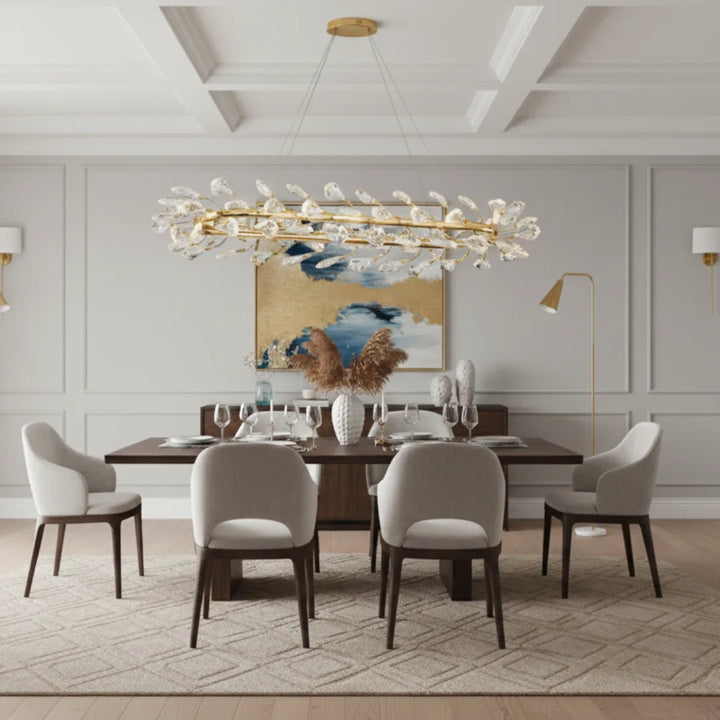 Donya Linear Crystal Laurel chandelier luxury lighting above dining table