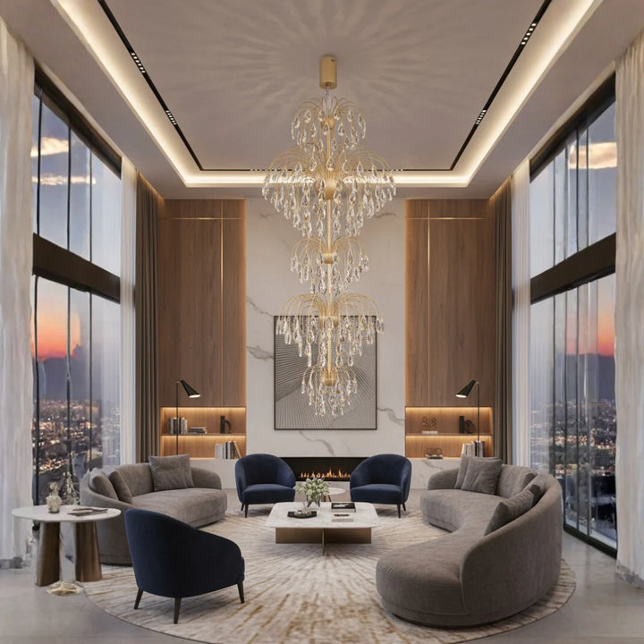 Donya Luxury Crystal Cascade chandelier illuminating a luxurious living room with elegant ambiance