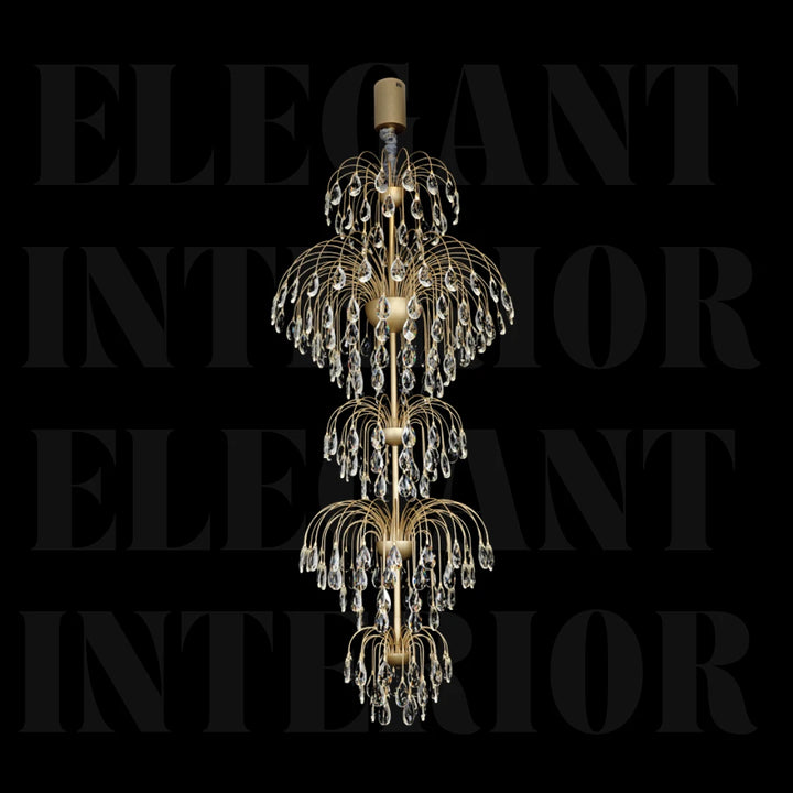 Hanging view of Donya Luxury Crystal Cascade chandelier showcasing multi-tiered crystal elegance