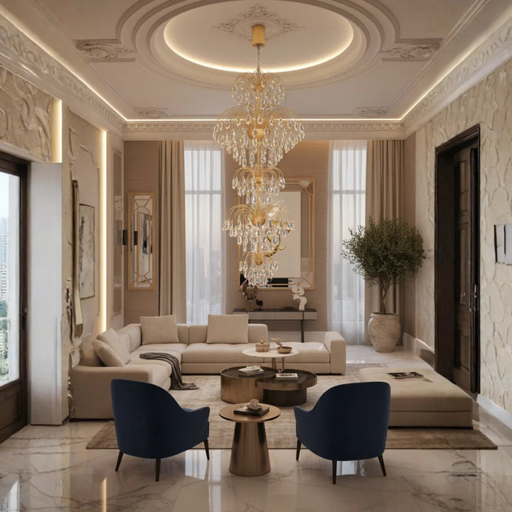 Donya Luxury Crystal Cascade chandelier adding elegance to a luxurious living room interior