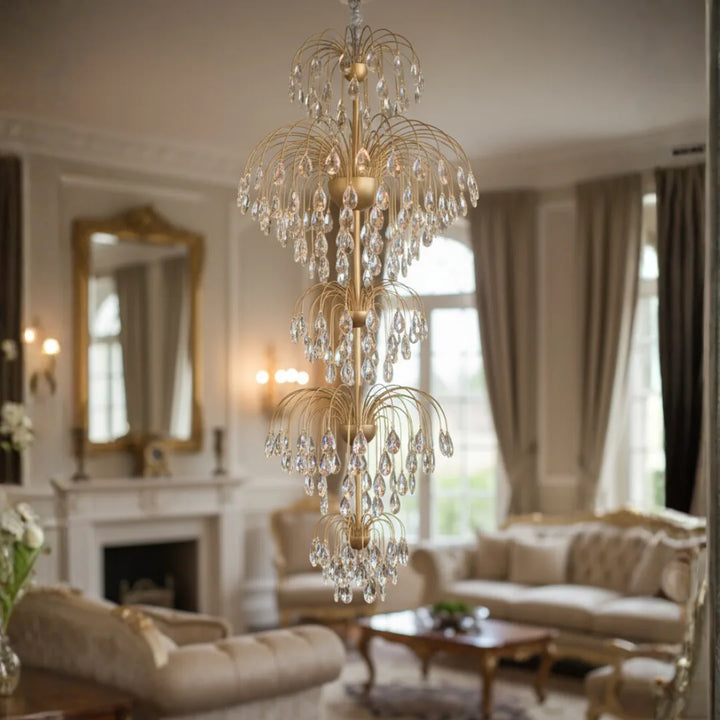 Front view of Donya Luxury Crystal Cascade chandelier showcasing multi-tiered crystal design