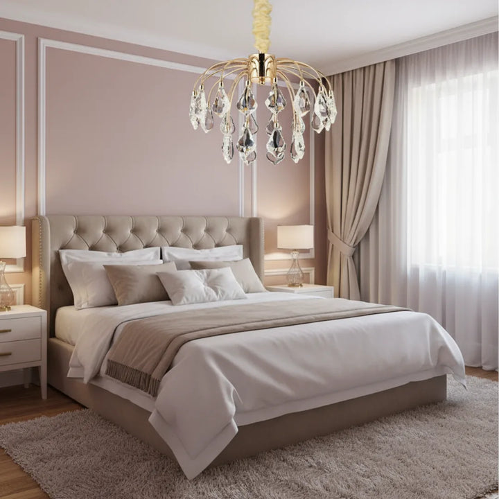 Donya Luxury Crystal Dewdrop Gold Chandelier in Bedroom Modern Elegant Lighting