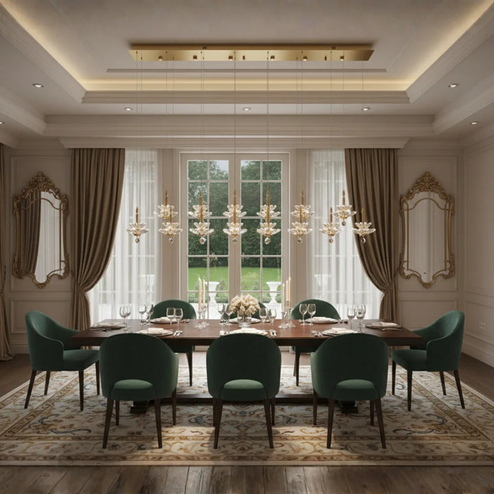 Donya Majestic Crystal Blossom linear chandelier hanging view over dining table