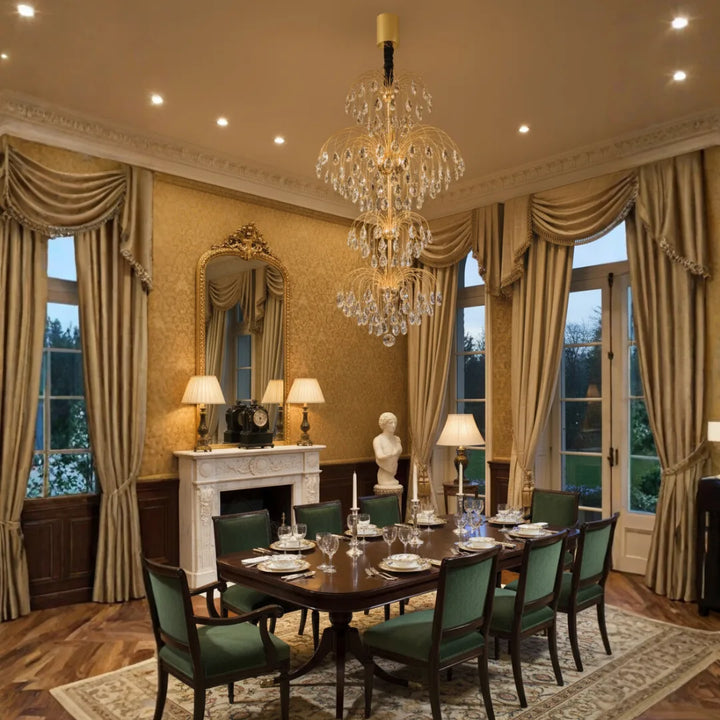Donya Opulent Tiered Waterfall Crystal chandelier enhancing elegance in a luxurious living room