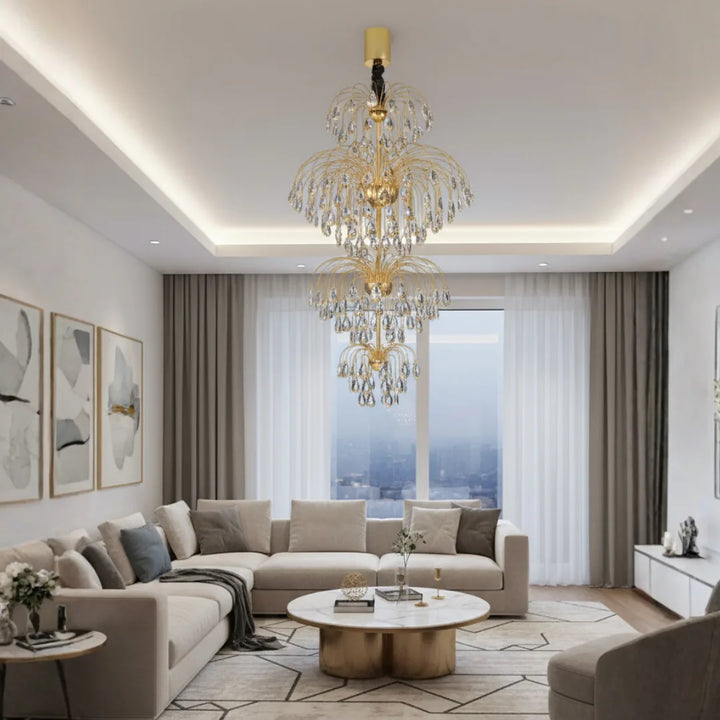 Front view of Donya Opulent Tiered Waterfall Crystal chandelier in a luxurious living room setting