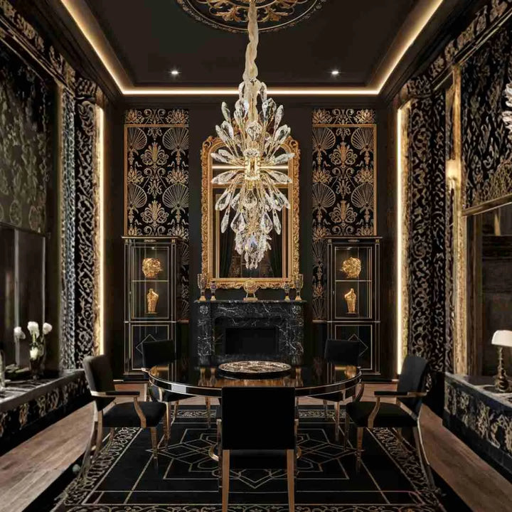 Donya Petite Radiance Crystal Leaf chandelier adding elegance to a luxurious living room interior