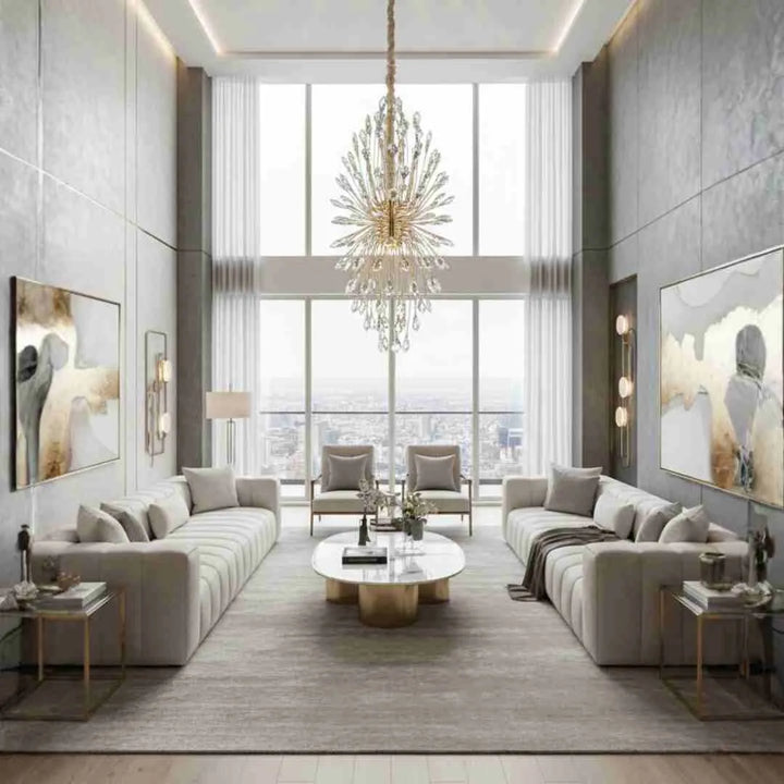 Donya Petite Radiance Crystal Leaf chandelier illuminating a luxurious living room interior