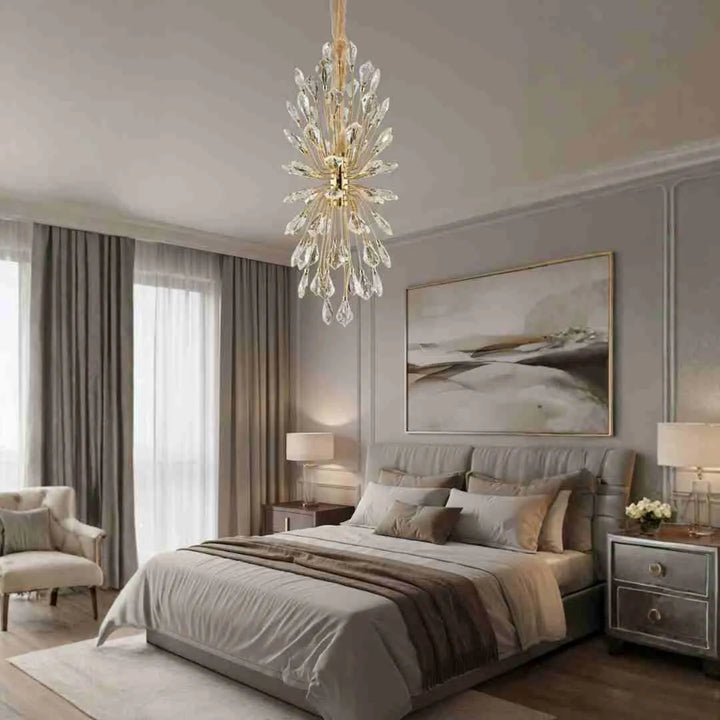 Donya Petite Radiance Crystal Leaf chandelier adding elegance to a stylish bedroom interior
