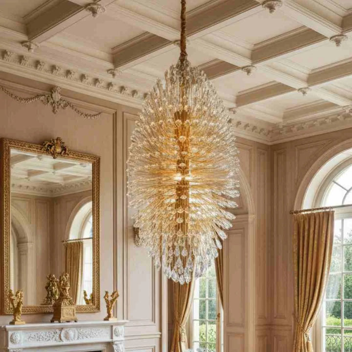 Front view of Donya Petite Radiance Crystal Leaf chandelier showcasing elegant crystal leaf design