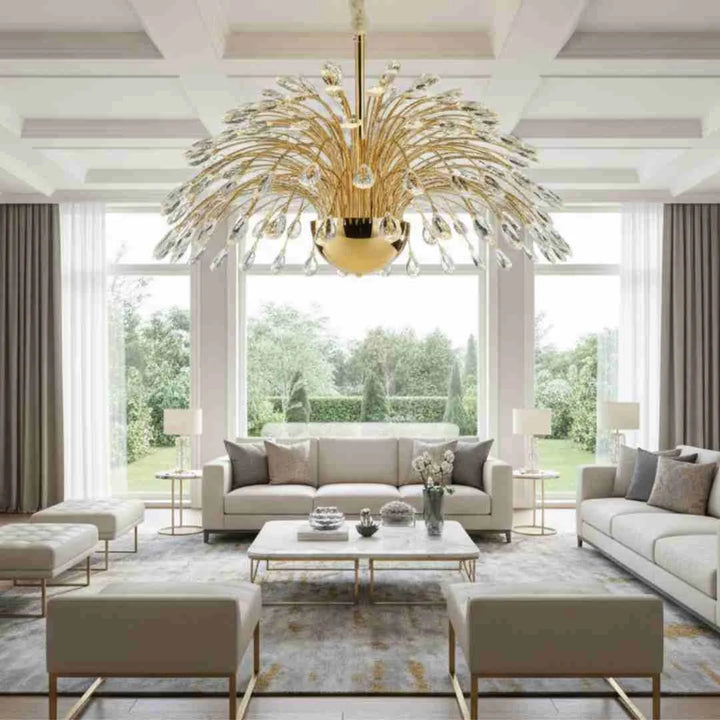 onya Radiant Dome Crystal Chandelier illuminating a luxurious living room interior with elegant sparkle