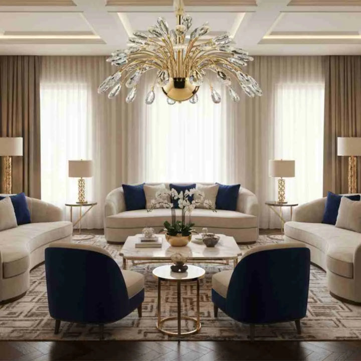 Donya Radiant Dome Crystal Chandelier illuminating a stylish and luxurious living room interior