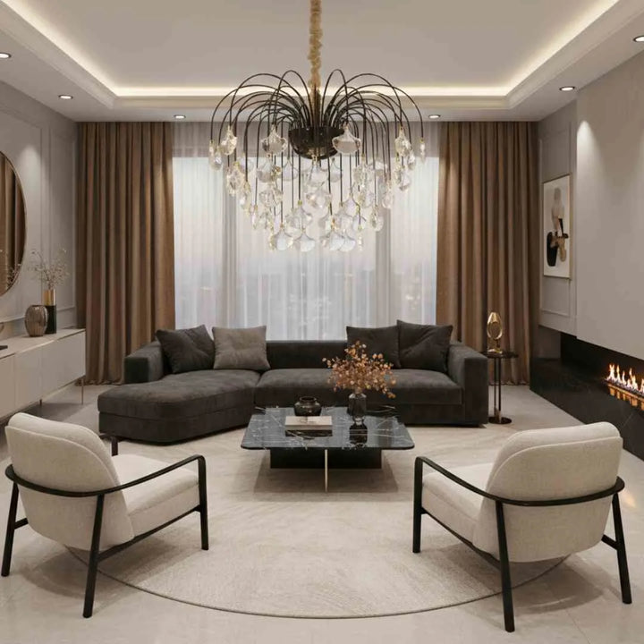 Donya Black Crystal Leaf Cascade Chandelier in Living Room Modern Elegant Lighting