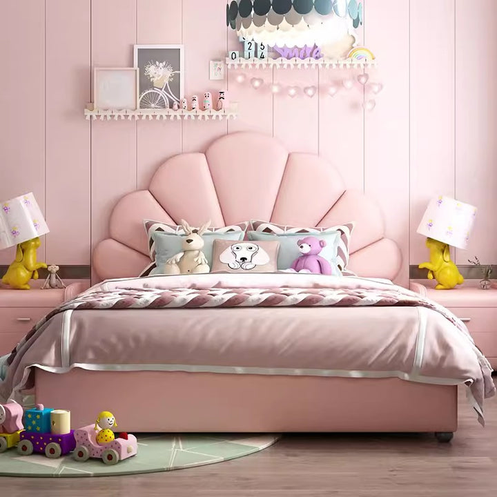 Dream pink girls’ bed in princess style, designed for kids’ bedroom furniture with decorative headboard and cozy frame.