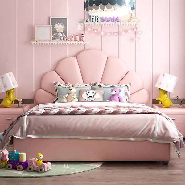 Dream pink girls’ bed in princess style, designed for kids’ bedroom furniture with decorative headboard and cozy frame.