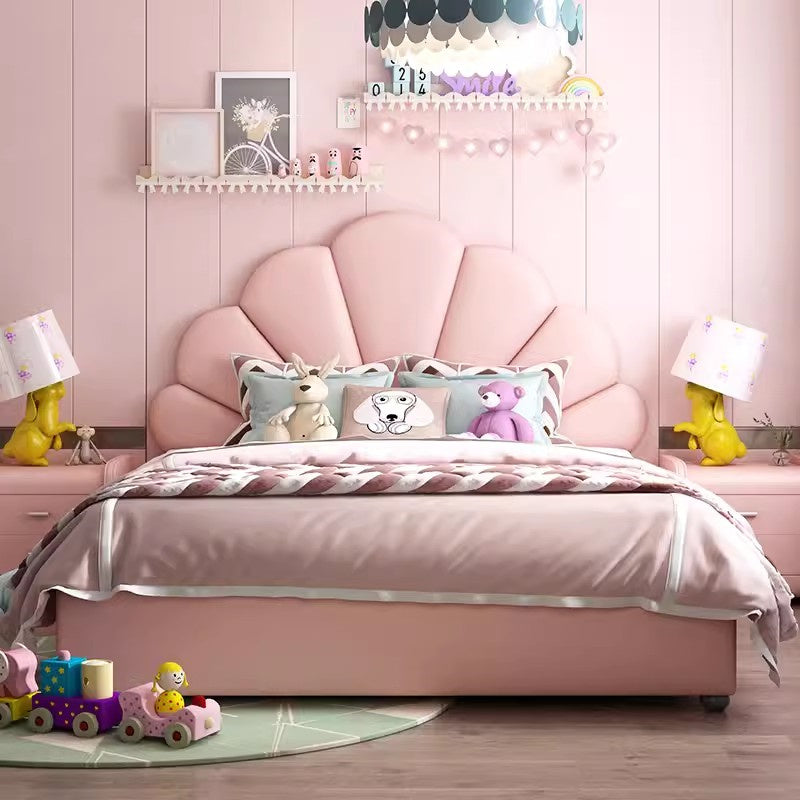 Dream pink girls’ bed in princess style, designed for kids’ bedroom furniture with decorative headboard and cozy frame.