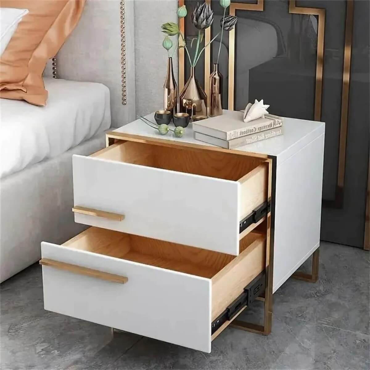 Dreamy modern MDF bedside table with clean lines and smooth finish – minimalist design featuring a spacious drawer for bedroom organization