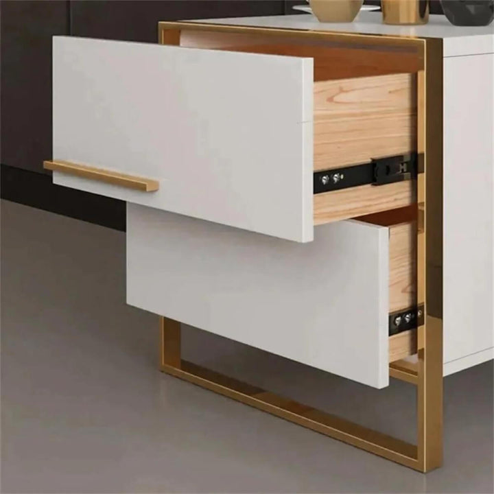 Dreamy modern MDF bedside table with drawer open – detailed view showing smooth drawer mechanism and spacious interior for organized storage