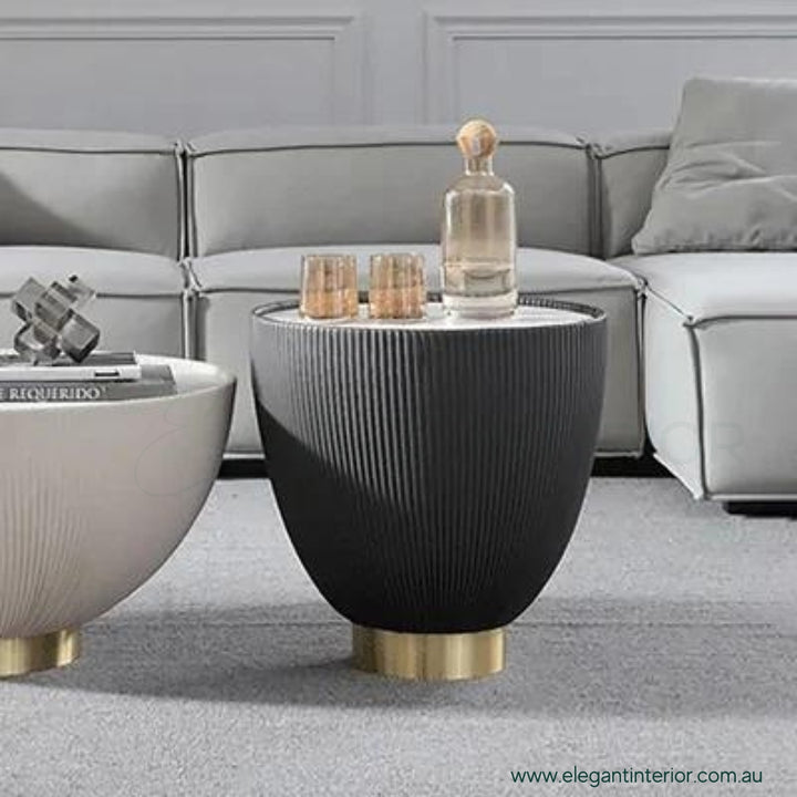Front view of Drum coffee table with sintered stone top in elegant Australian interior design