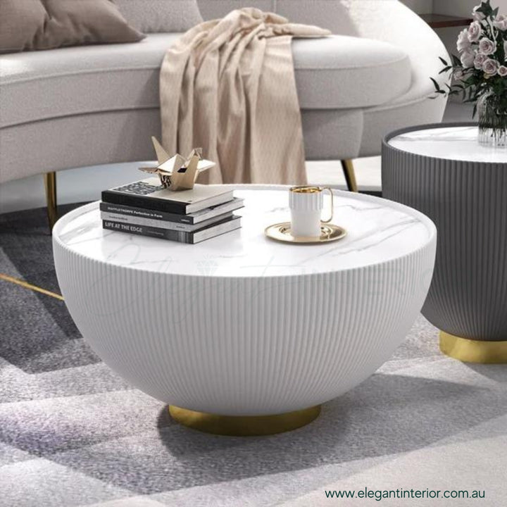 Side view of Drum coffee table with sintered stone top in a stylish Australian interior setting