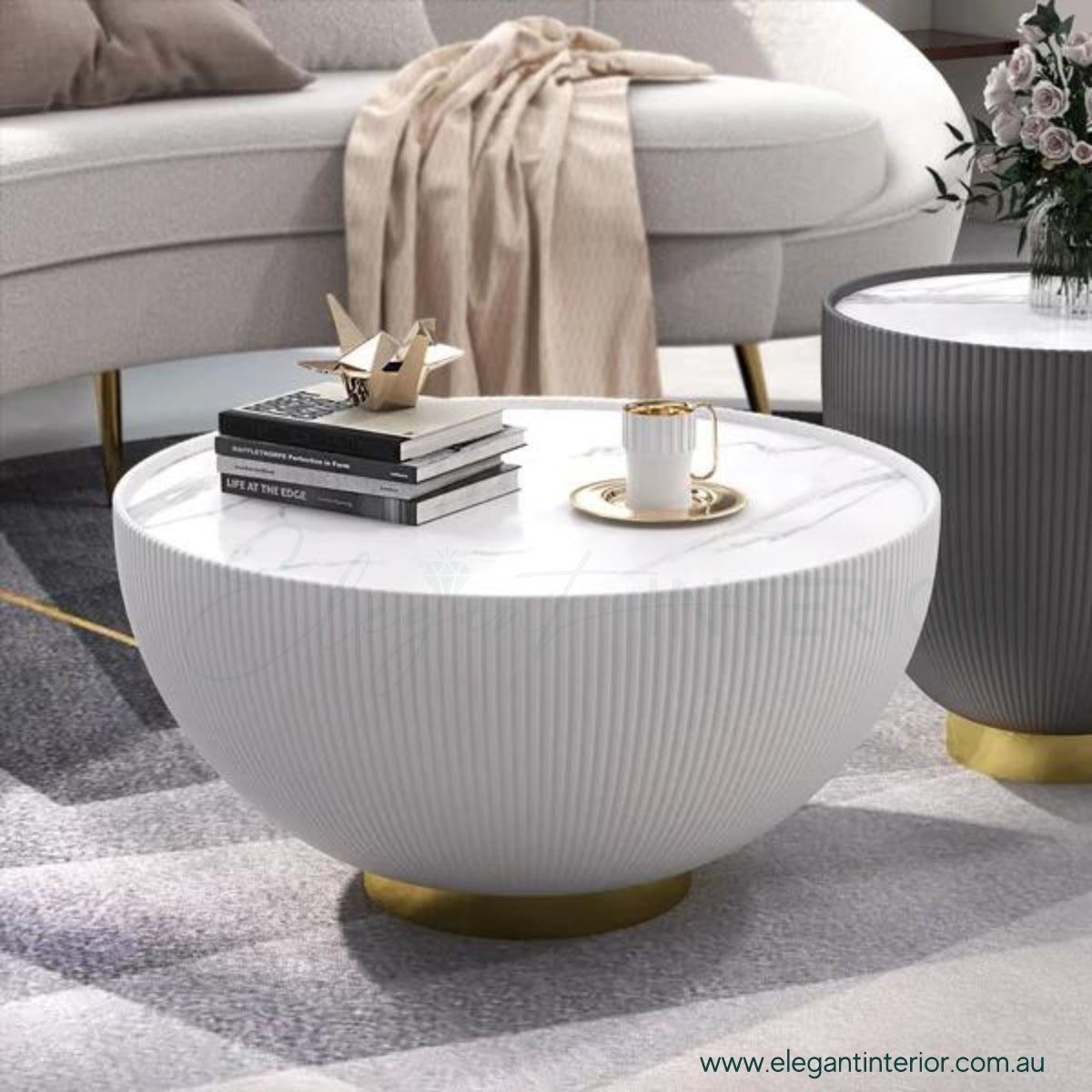 Side view of Drum coffee table with sintered stone top in a stylish Australian interior setting