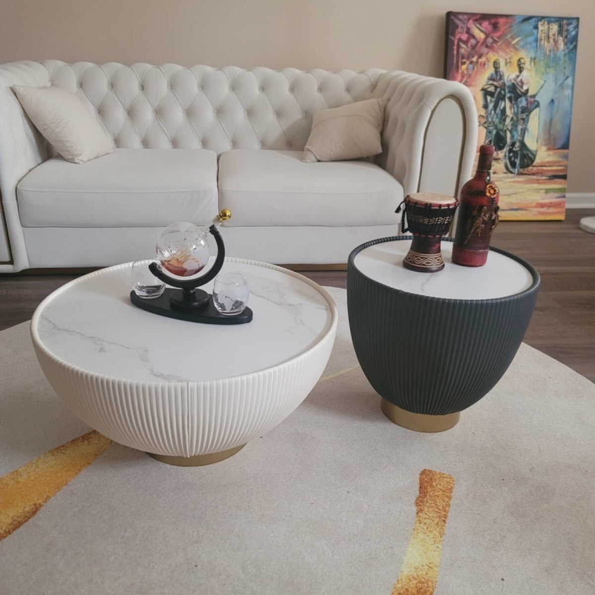 Front view of Drum coffee table with sintered stone top in elegant Australian living room