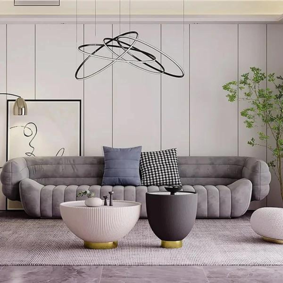 Front view of Drum coffee table with sintered stone top in living room with elegant interior