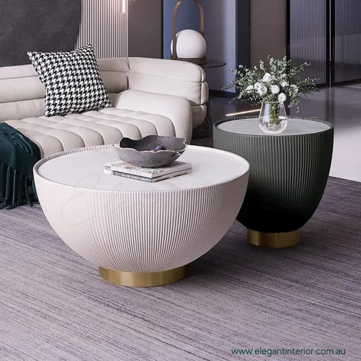 Side view of Round Drum coffee table with durable sintered stone top and modern design