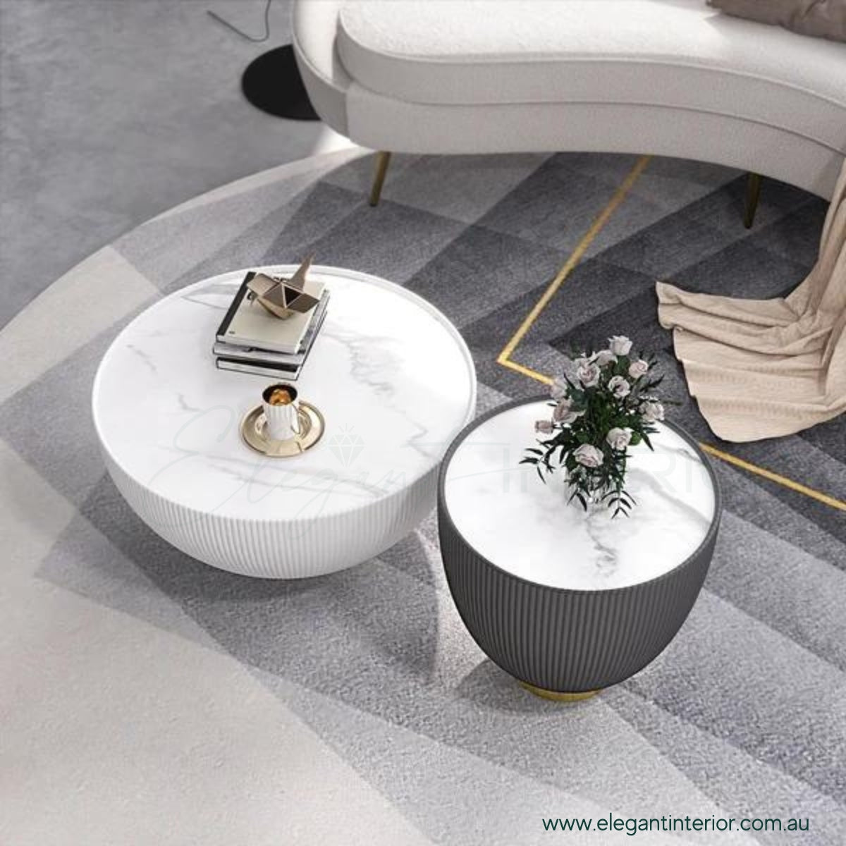 Top view of Round Drum coffee table with sintered stone surface showcasing sleek modern design