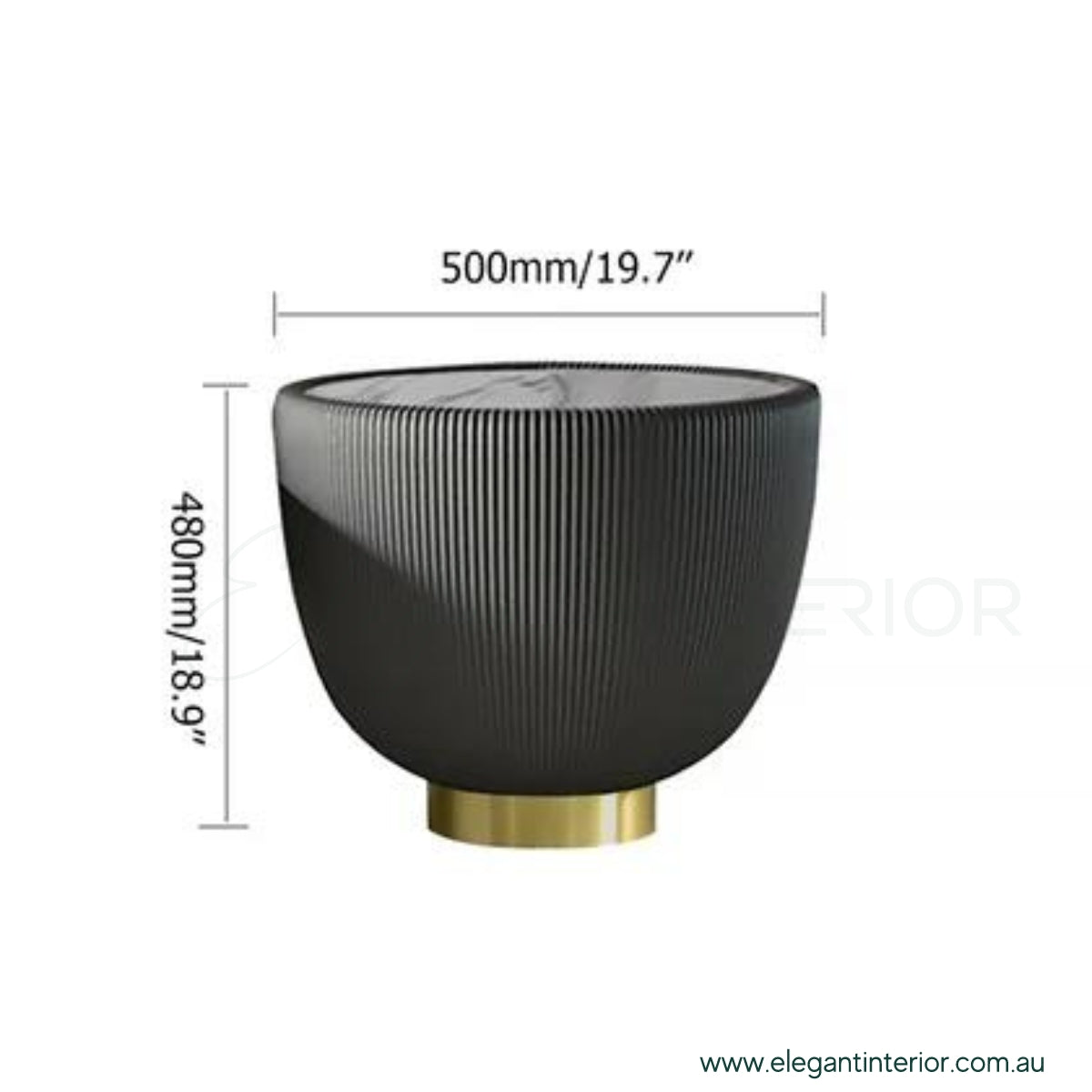 Black Drum coffee table dimension view with detailed size specs in elegant Australian interior
