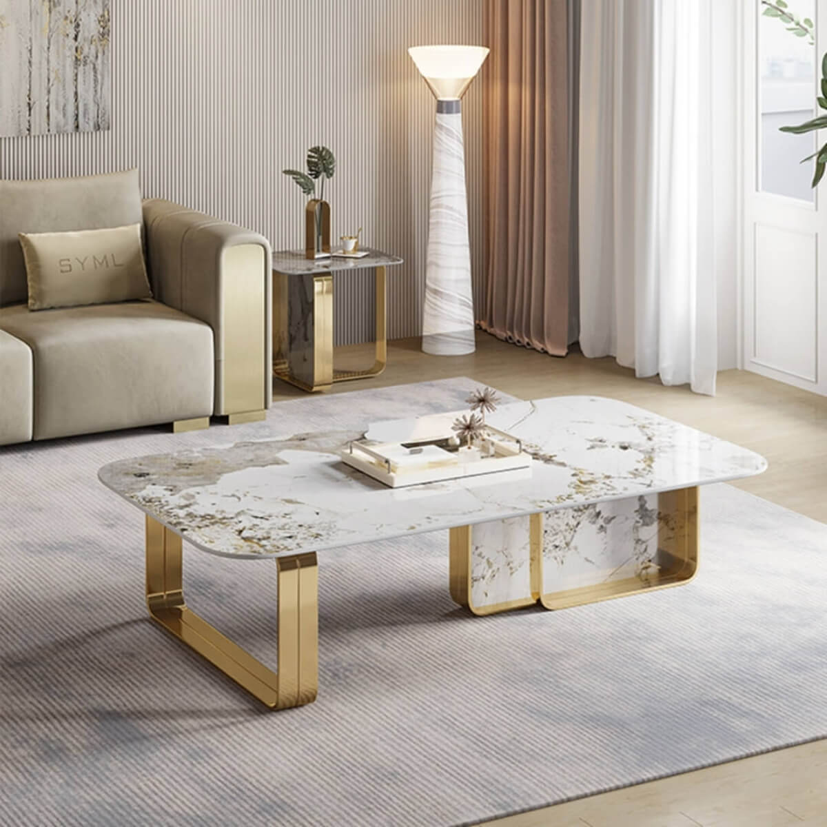 Side view of Easton Collection coffee table and console in living room with elegant interior design