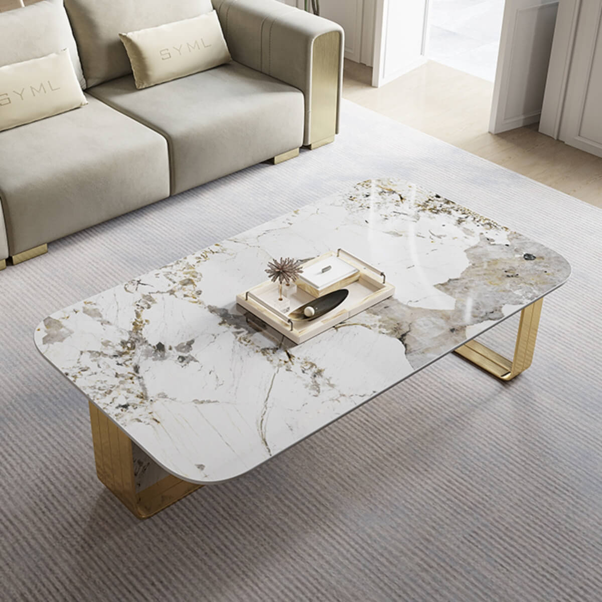 Top view of Easton Collection coffee table and console showcasing sleek design and elegant interior
