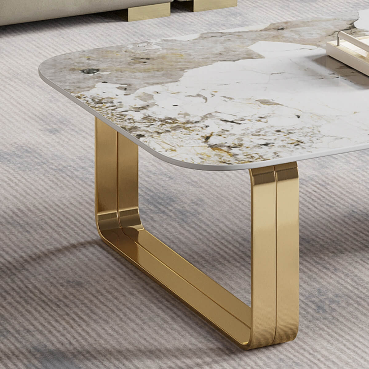 Left side detail view of Easton Collection coffee table and console highlighting sleek design