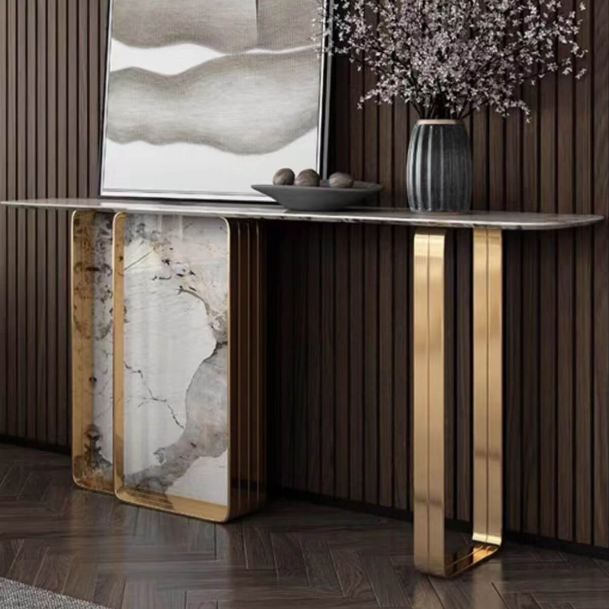 Side view of Easton console table with titanium stainless steel frame and luxury stone top
